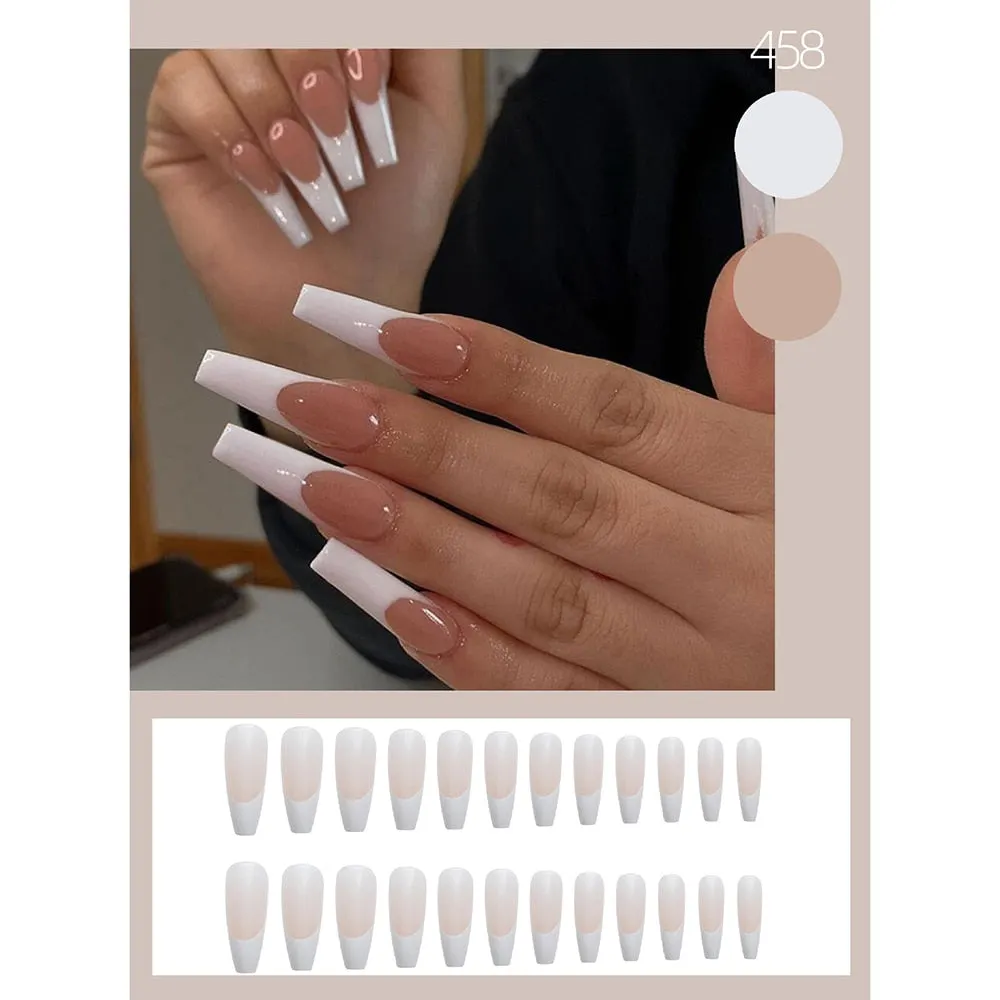 24pc Artistic French False Nails Ballerina Tips for nails Wearable Long Coffin Fake Nails korean Full Cover Nail Tips Detachable-Nail Inspo