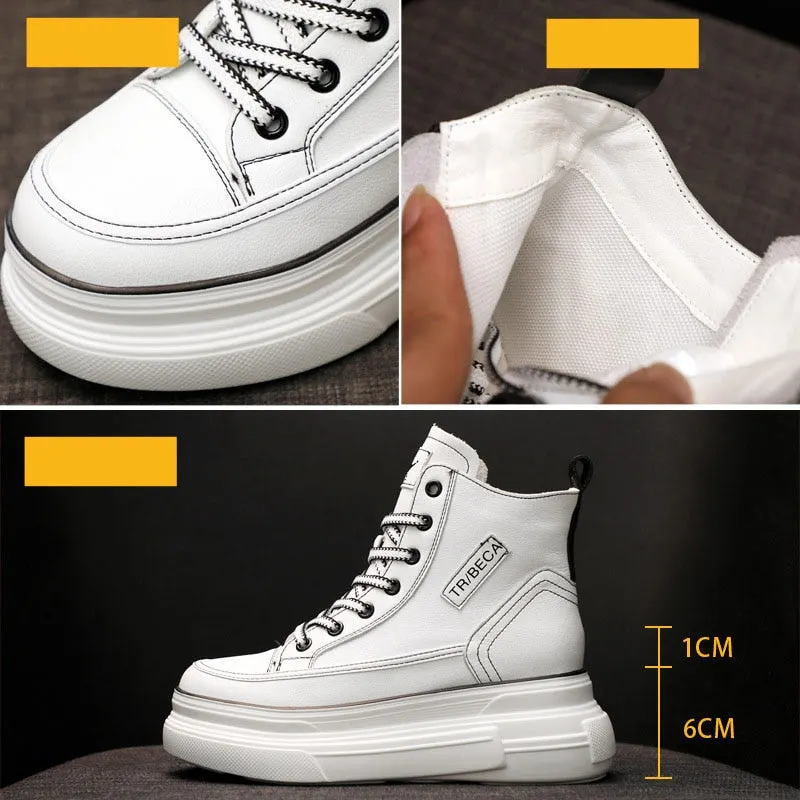 Fujin 7cm Platform Wedge Sneakers Hidden Heel High Top Genuine Leather Women Casual Shoes Sneakers Za Fashion Casual Boots White