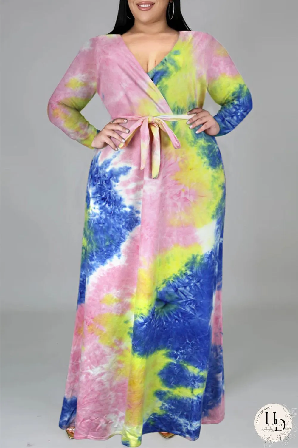 Colour Fashion Casual Print Tie-dye V Neck Long Sleeve Plus Size Dress