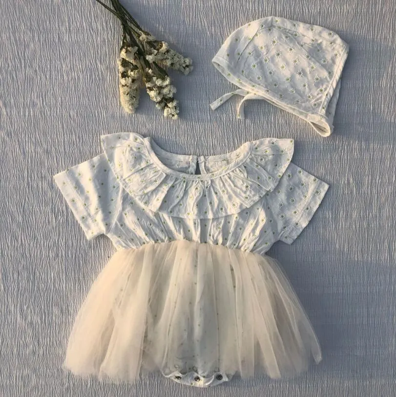 0-3Yrs Infant Clothes Rompers 2020 Summer Newborn Grils Cotton Lace Romper With Cap 2pcs Set Baby Girls Overall White
