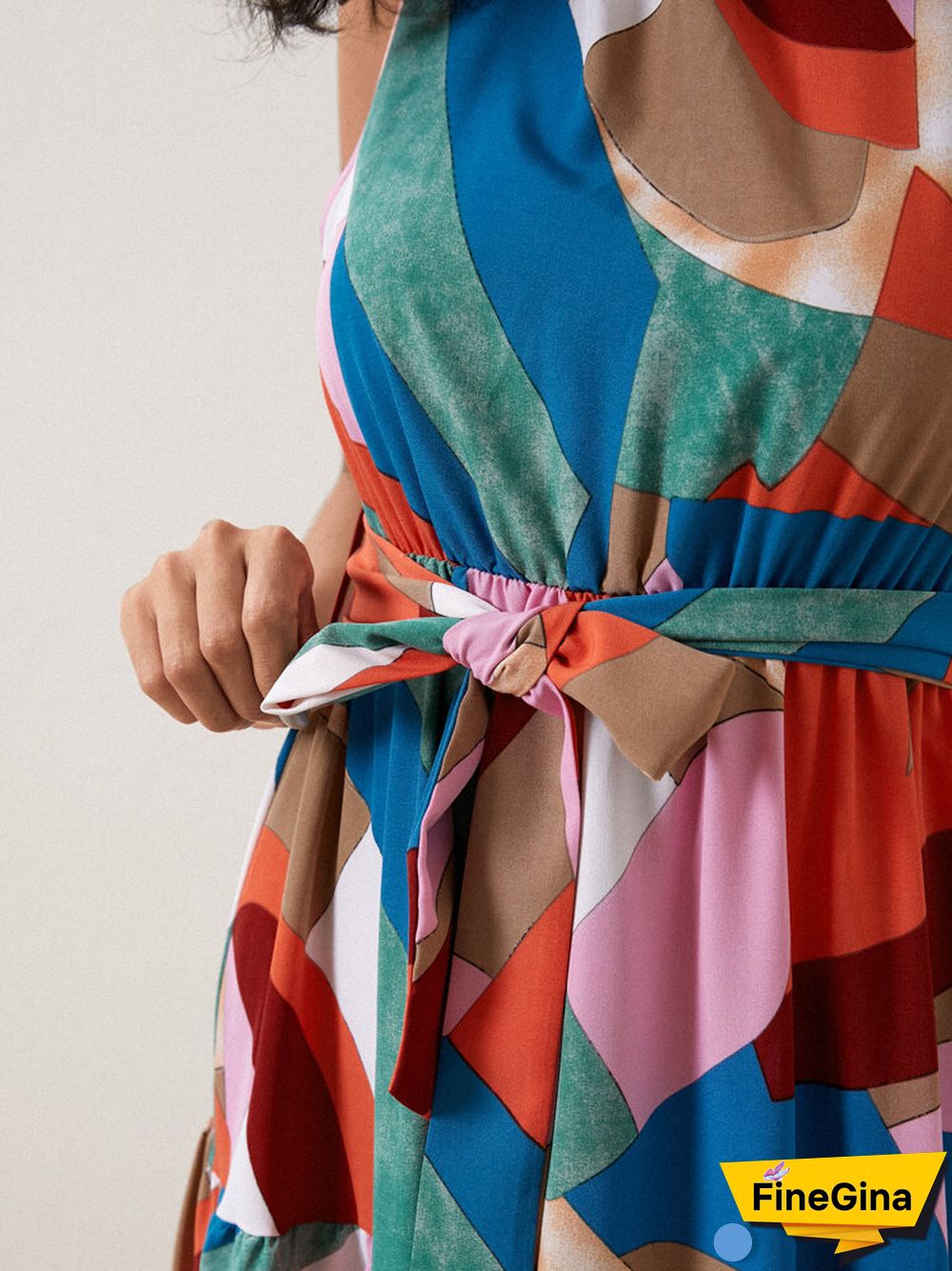 Multicolor Geo Print Stand Collar Sleeveless Maxi Dress