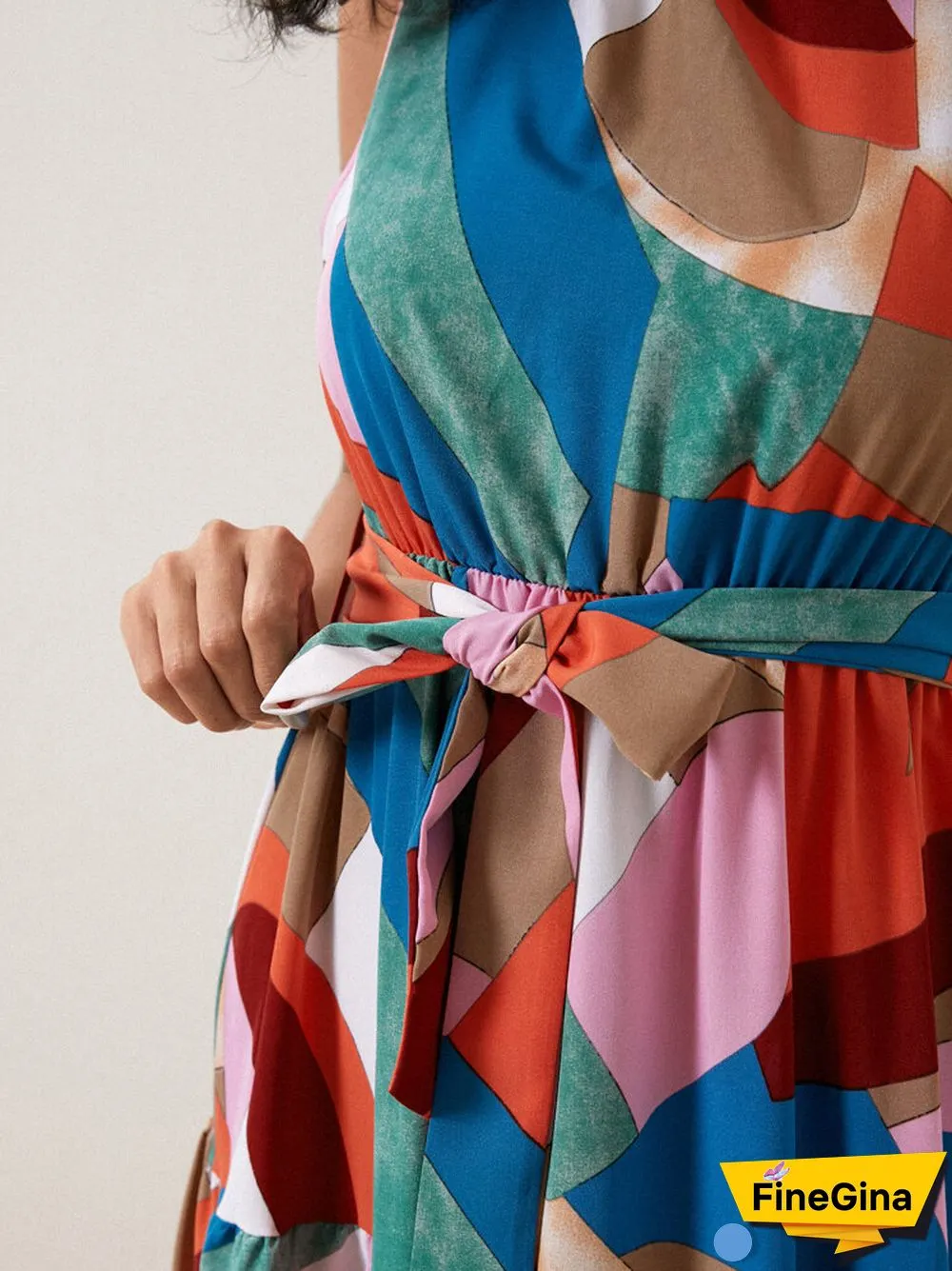 Multicolor Geo Print Stand Collar Sleeveless Maxi Dress