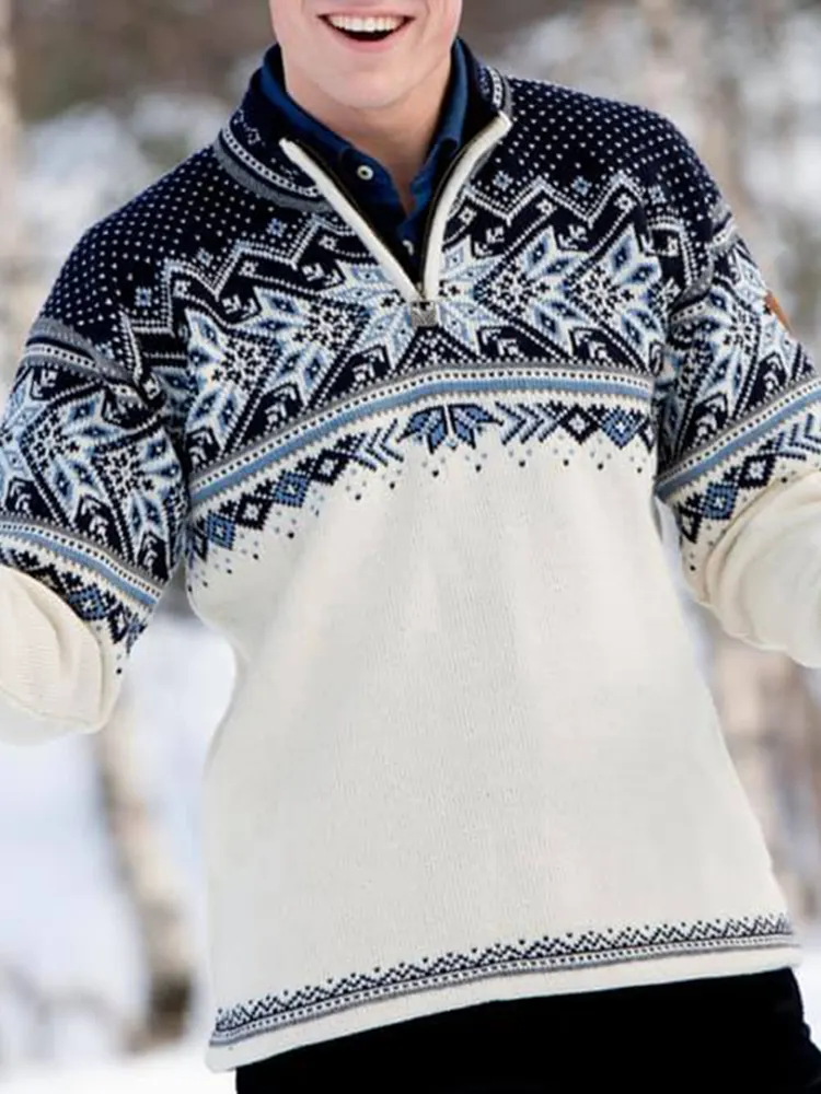 Vintage Warmth Vail Knit Jacquard Icelandic Half Zip Collar Sweater（Unisex ）