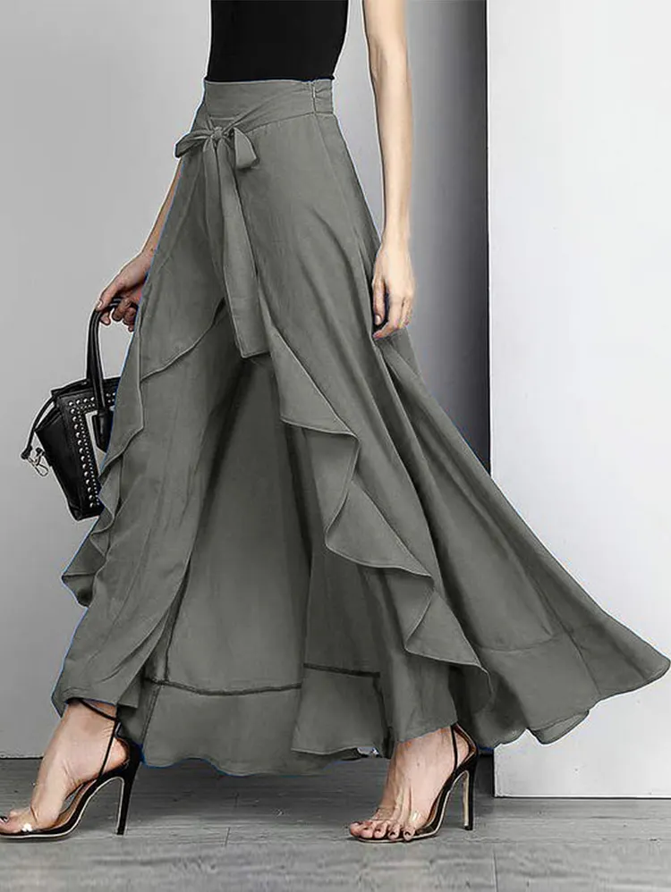 French Red Waist Spliced Ruffle Hem Straight Leg Skirt