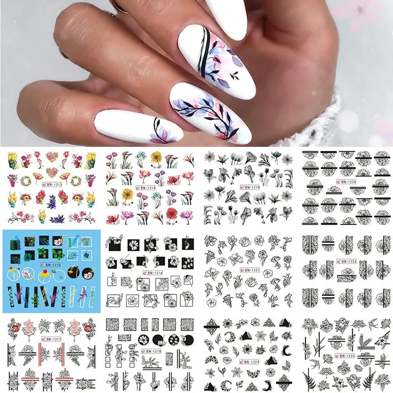 12Styles Harunouta Spring Summer Alphabet Flower Leaves Nail Water Decals Popular Geometric Lines Transfer Stickers Decoration