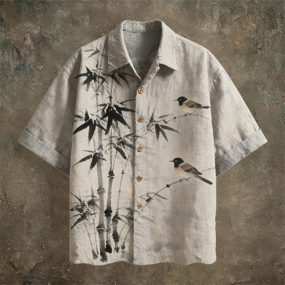 Japanese Ink Painting Art Linen Short Sleeve Shirt  artssus