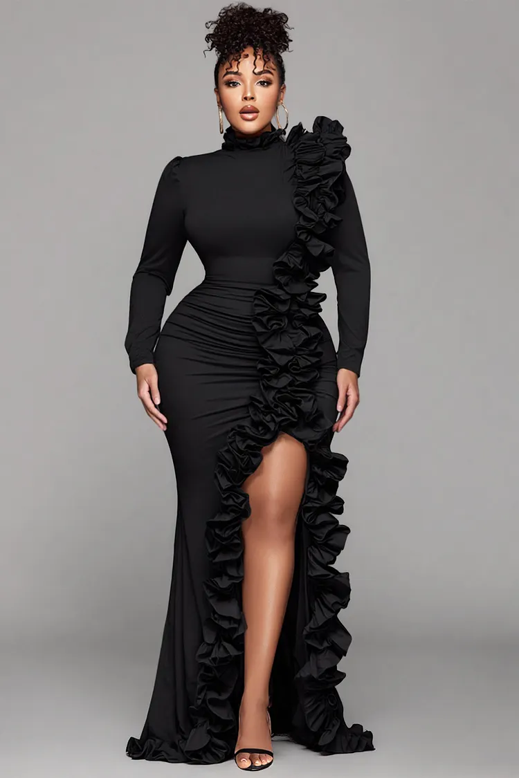 Xpluswear Design Plus Size Formal Black Round Neck Long Sleeve Split Elegant Ruffle 3D Satin Maxi Dresses 2024 - Xpluswear