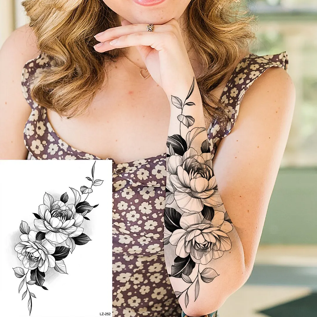 Sdrawing Peony Flower Temporary Tattoos For Women Adults Realistic Compass Moon Pendant Fake Tattoo Sticker Arm Body Tatoos