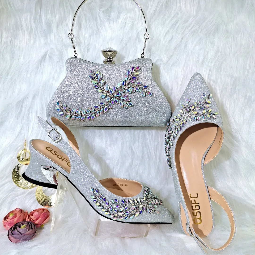 QSGFC 2022 Peach Color Shaped Mid-heel Design Shoes Popular Pointed Ladies Shoes And Bags African Wedding Party Shoes With Bag