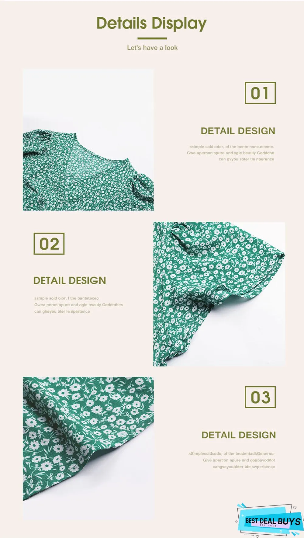 Women's Short Sleeve Green Printed V-Neck Dress