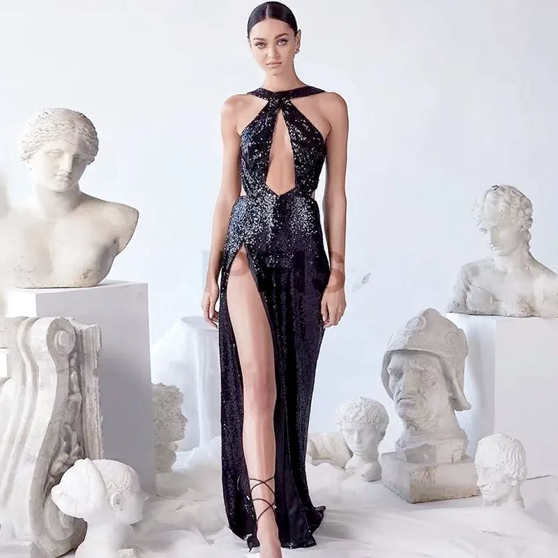 Brownm Brownm Spring Sexy Party Beads Irregular Temperament Evening Dress Female Hanging Neck Dress