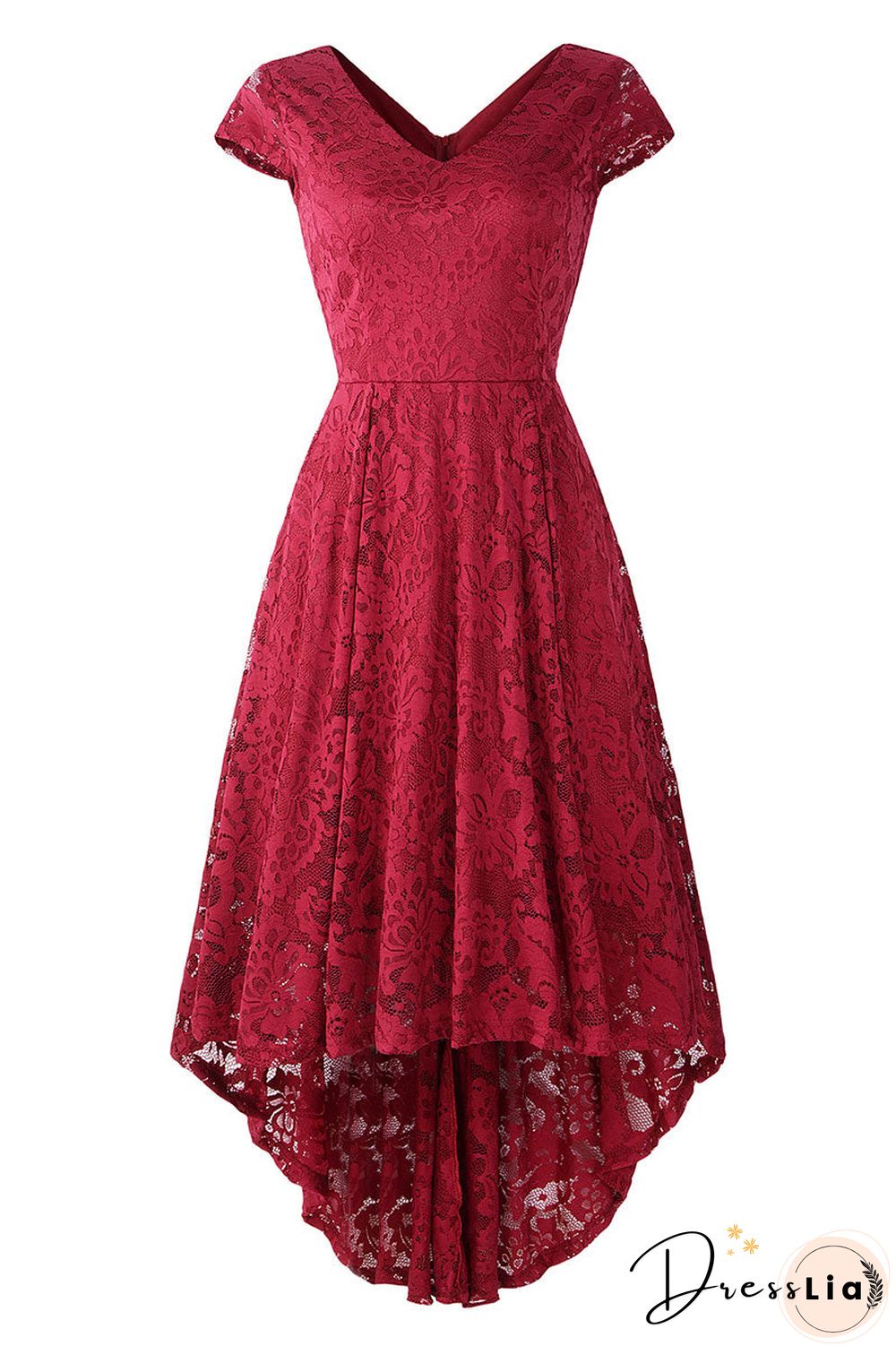 Champagne V Neck Cap Sleeve Lace Prom Dress