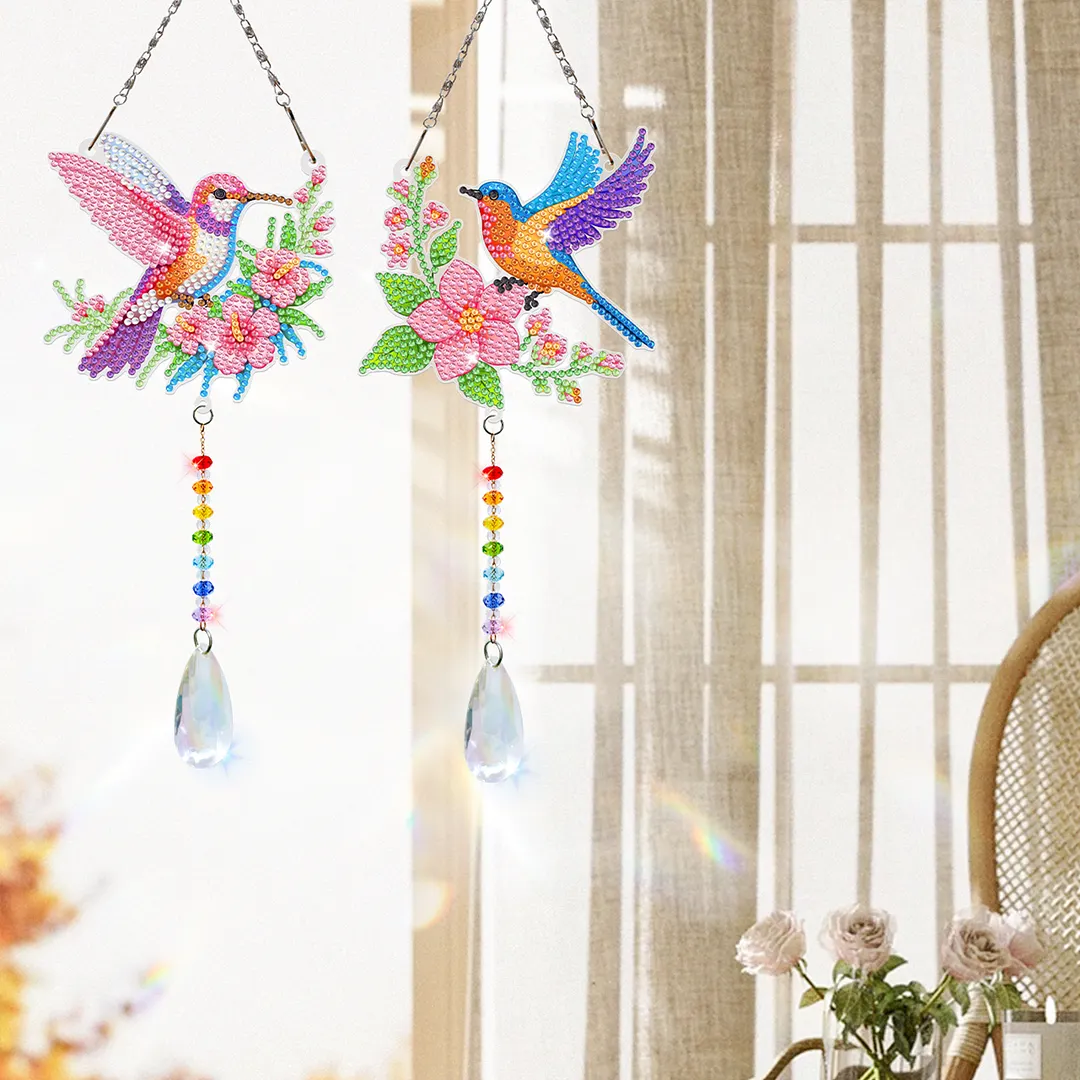 2Pcs Flowers and Hummingbirds DIY Double-Sided Diamond Painting Hanging Kits Diamond Painting Suncatcher Craft Kit for Home Garden Wall Decor Gift