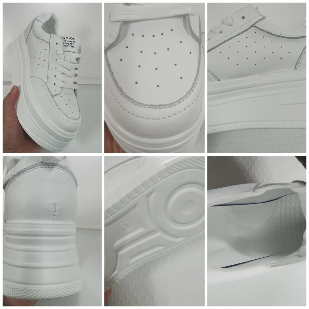 Fujin 7cm Genuine Leather Platform Wedge Shoes Chunky Sneakers White Comfortable Leather Super Thick Sole Spring Autumn Shoes