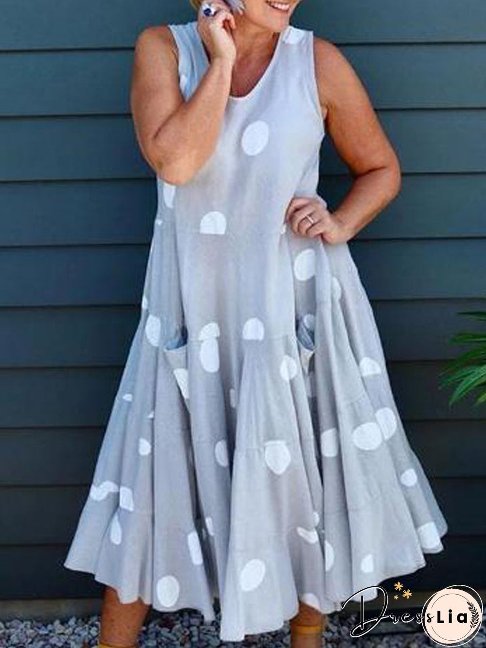 Polka Dots Print Sleeveless Paneled Casual Frill Maxi Dress