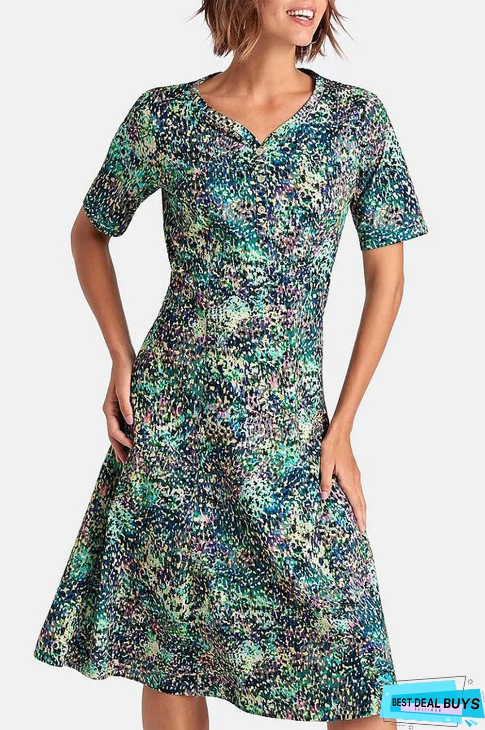 Vintage Print Buttoned V-Neck Paneled Midi Dress
