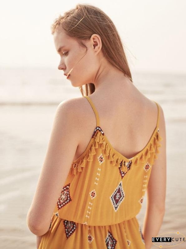 Print Spaghetti Strap Tassel Bohemia Rompers