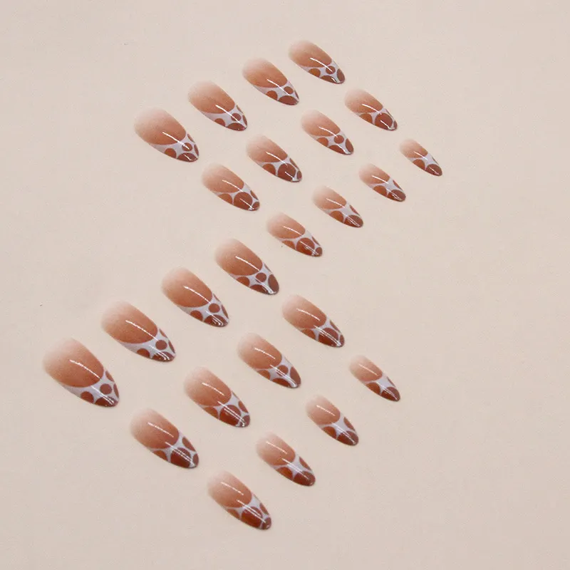 Churchf Churchf Nude Coffee Color Round Head Almond Nail White Bubble Mesh Nail Irregular Fake Nail Wear Nail 24 Pieces