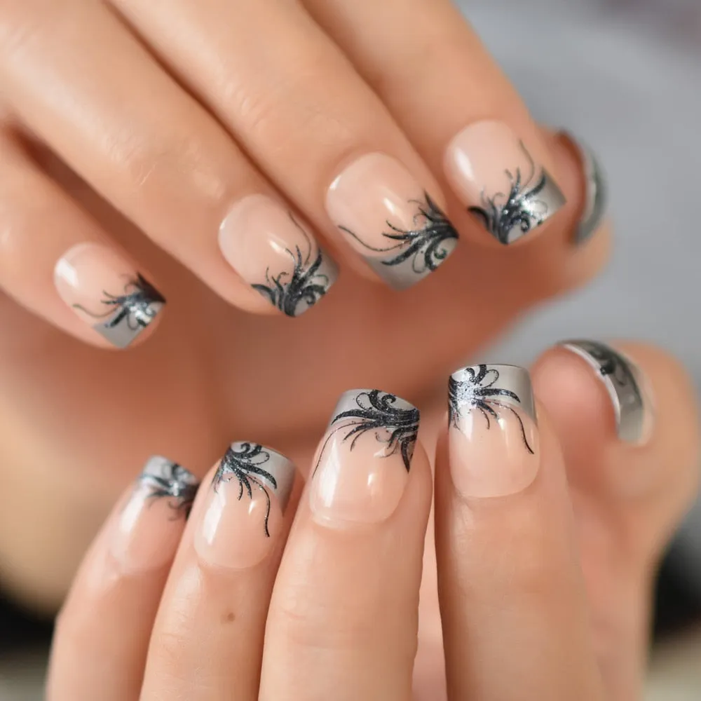 24pcs Press Fake Nail On Finger Tips Short Round Faux Ongles Yellow Blue False Nail With Designs Unas Postizas-Nail Inspo