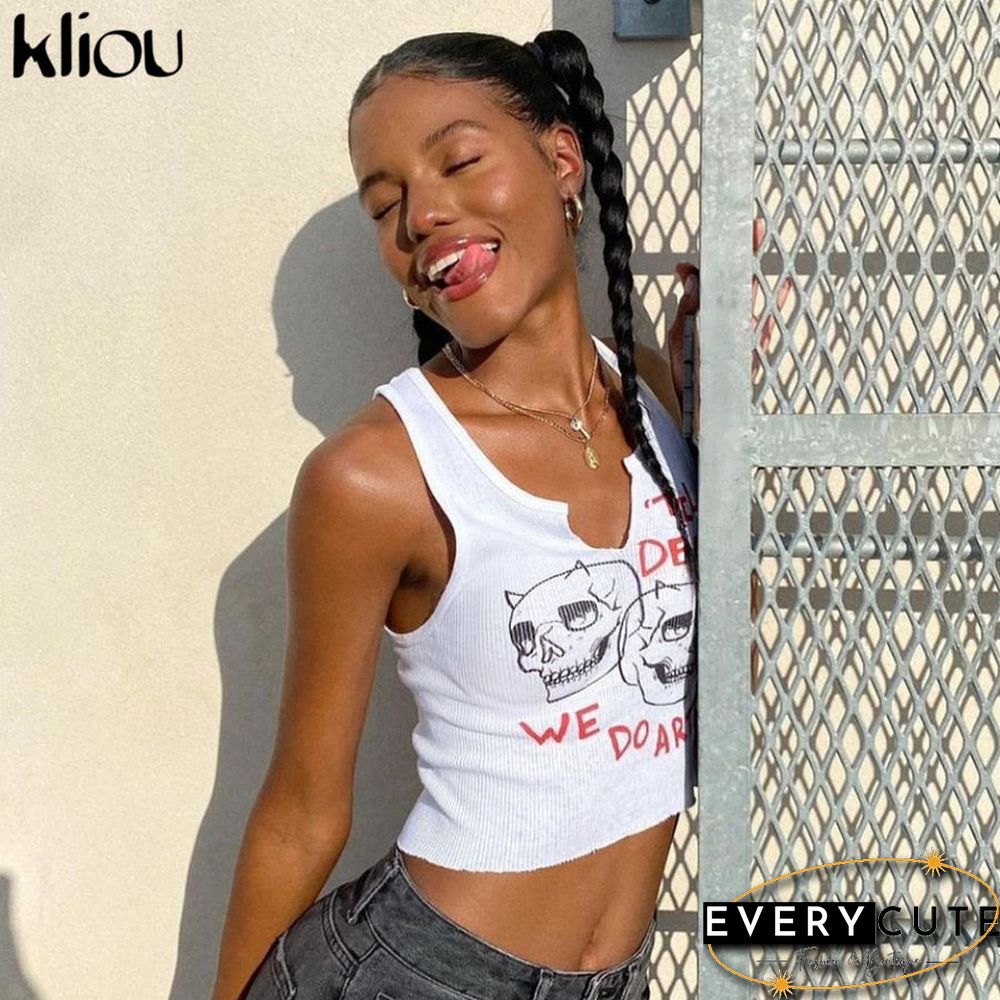Kliou Aesthetic Graphic Cyber&nbsp;Y2k Streetwear Women Chic Sleeveless Activity Tank Tops Harajuku Skinny Crop Tops Camisole
