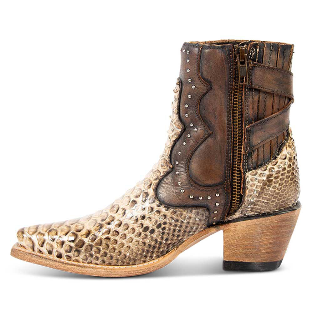 Brown Rustic Python Print Western Ankle Boots with Studded Details