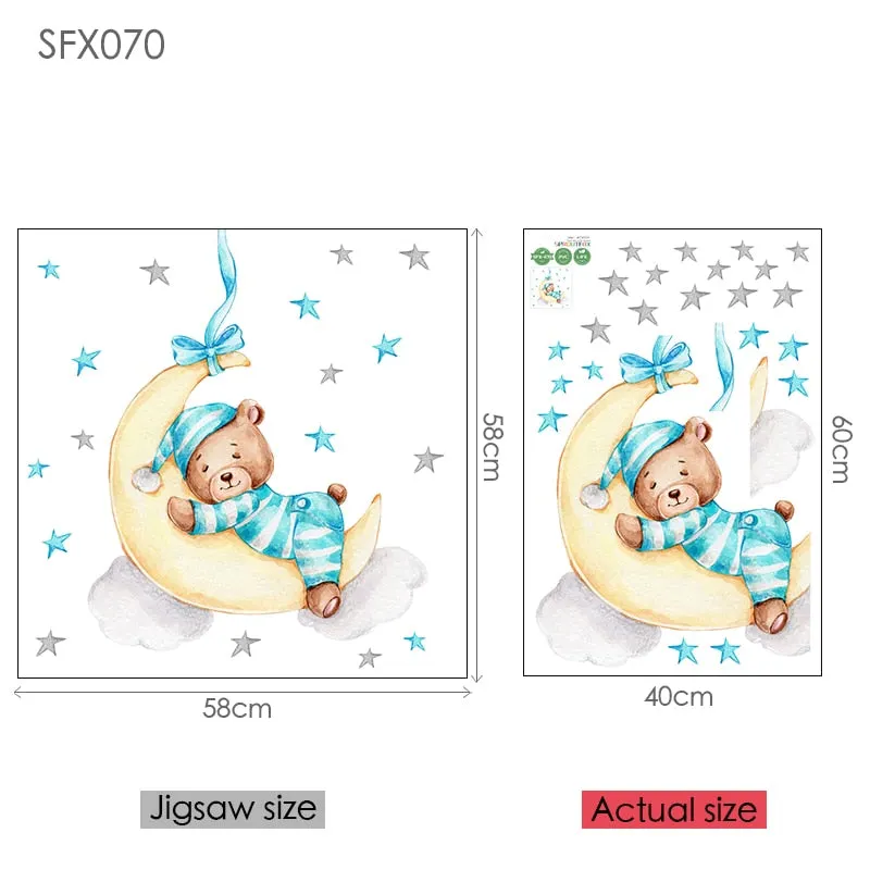 Blue Sleepwear Bear Stickers for Wall Decoratives Kids Room Baby Boys Room Moon Stickers Cute Animals Nursery Bedroom Wall Decal