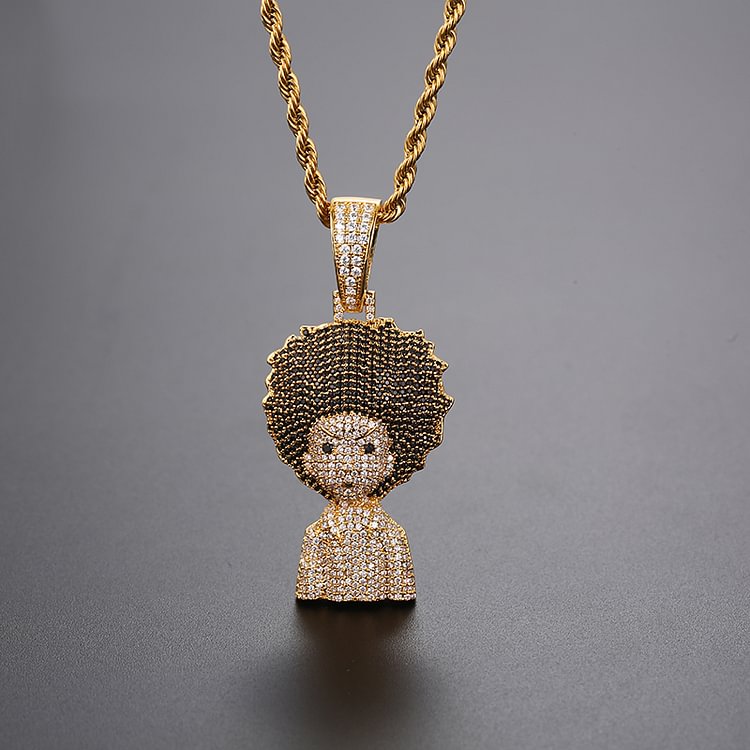 Iced Out Cartoon Character Afro Pendants Necklaces Hip Hop Bling Bling