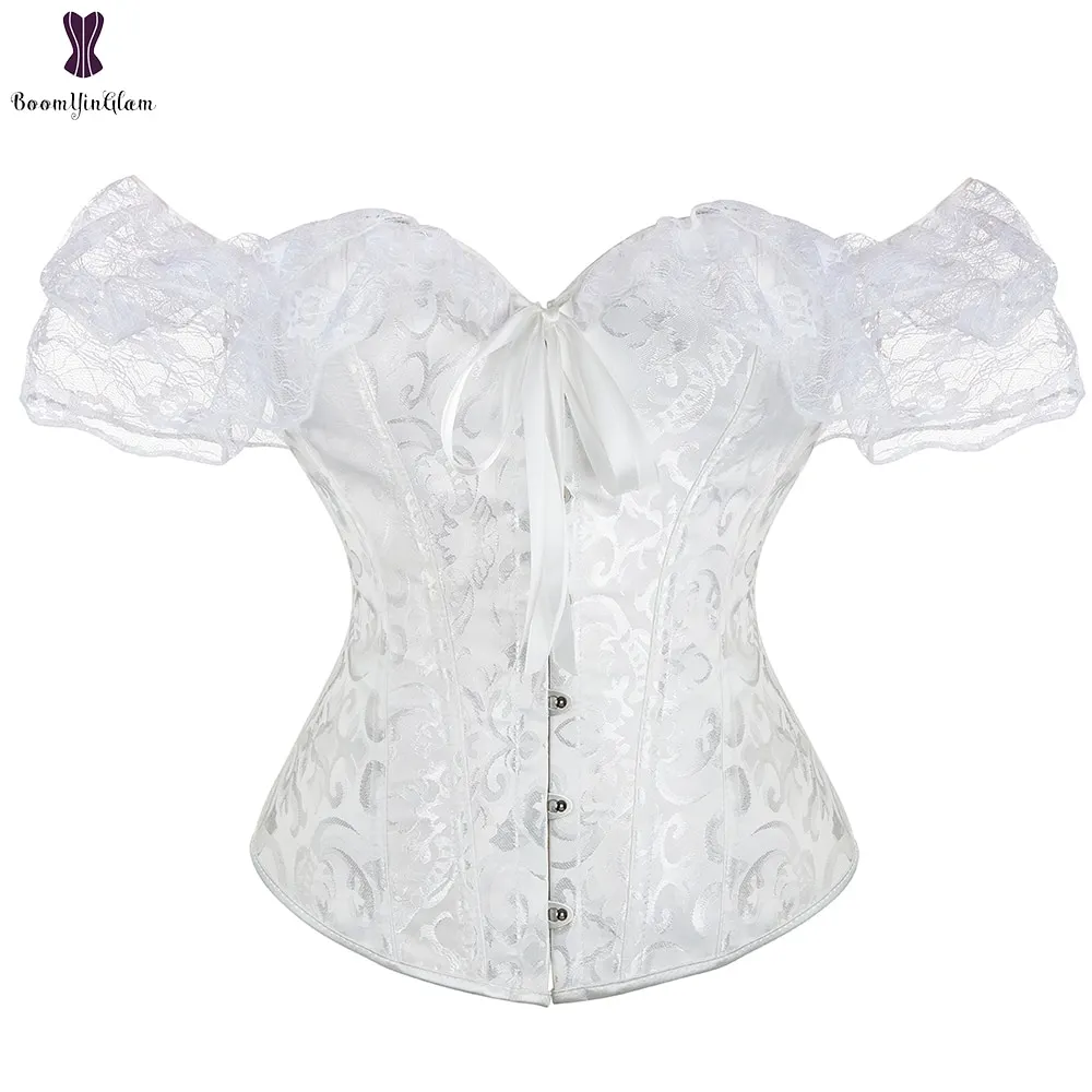 Uaang Women's Princess Renaissance Corset Black White Red Green Beige Floral Lace Short Sleeves Elegant Halloween Bustier Top