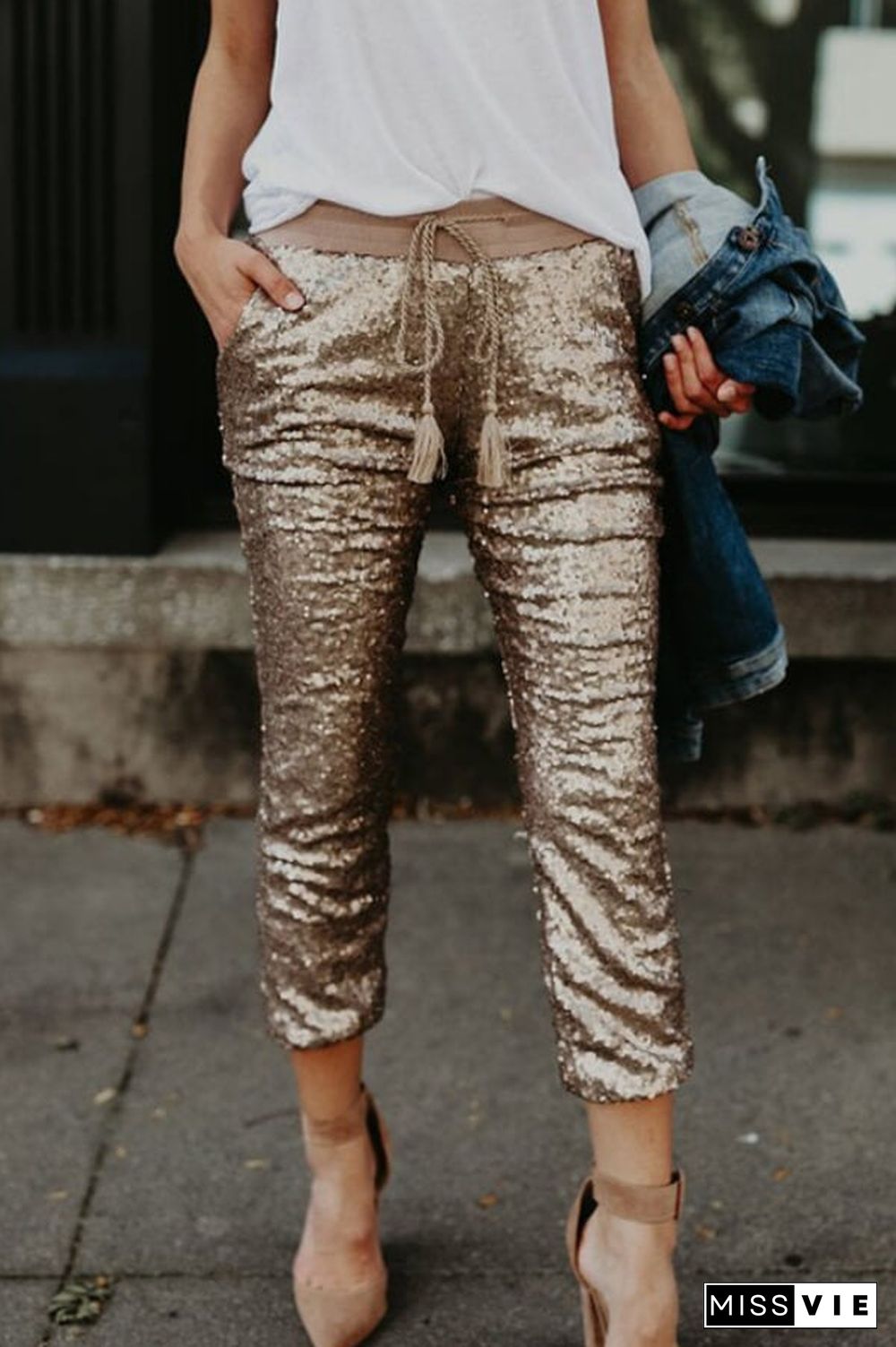 Casual Sequin Elastic Waist Pants
