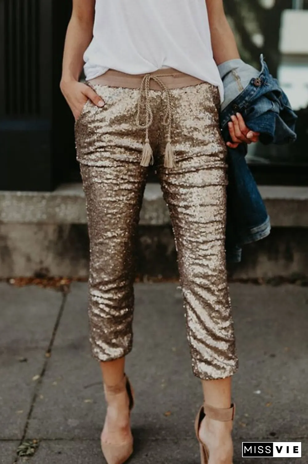 Casual Sequin Elastic Waist Pants