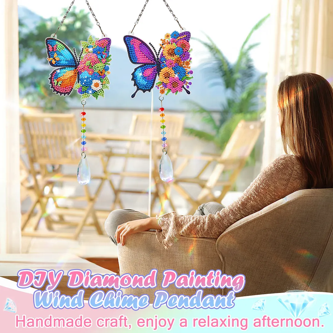 2Pcs Butterfly DIY Double-Sided Diamond Painting Hanging Kits Diamond Painting Suncatcher Craft Kit for Home Garden Wall Decor Gift