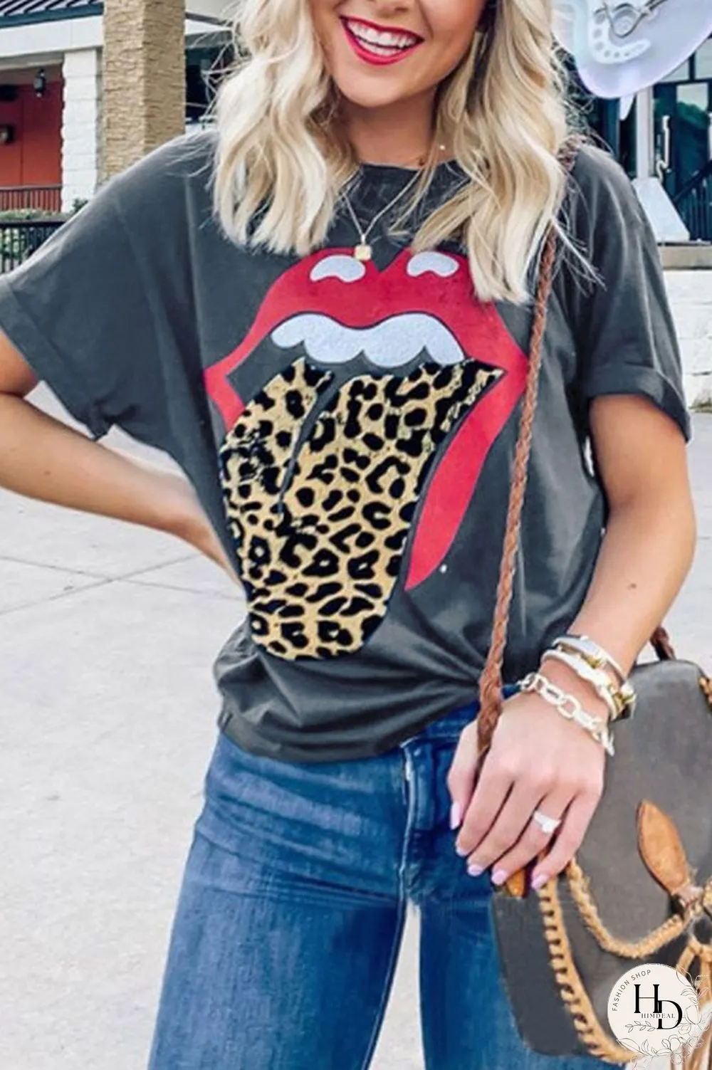 Black White Black Grey O Neck Short Sleeve Patchwork Print Slim fit Lips Print Tops