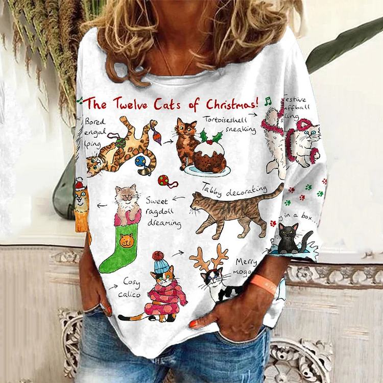 Women's The Twelve Cats Of Christmas Pattern Print Long Sleeve T-Shirt