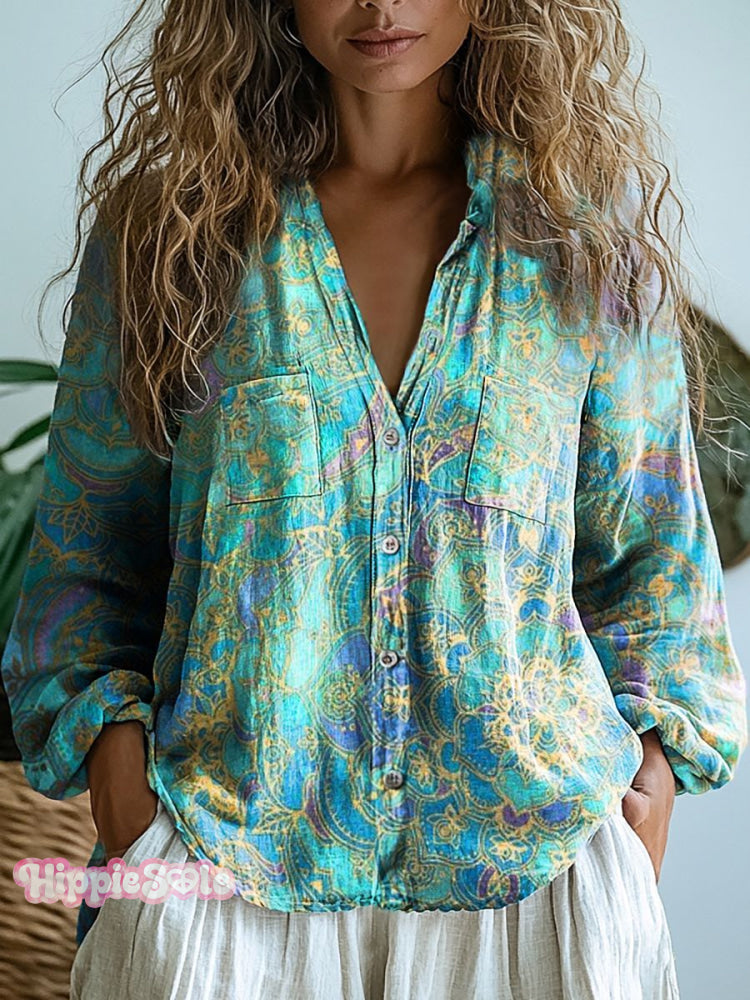Women&rsquo;s Bohemian Ethnic Print Long Sleeve Comfortable Cotton Shirt Multicolor / S