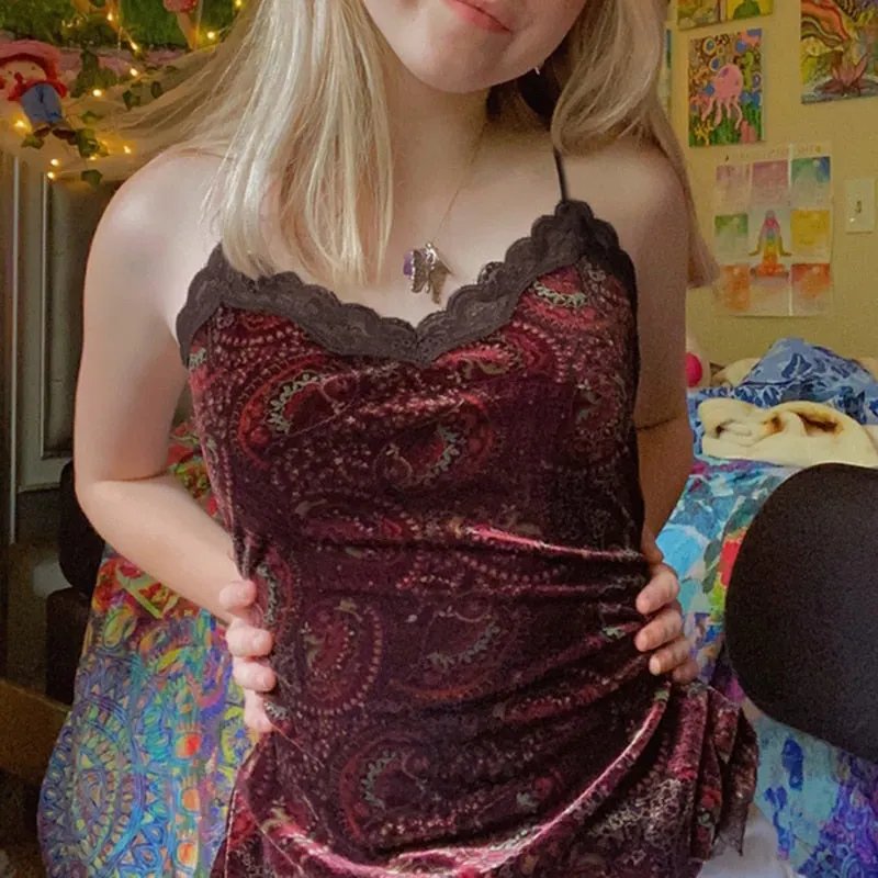 Rapcopter y2k Velvet Crop Top Lace Frill Cute Camis Backless Strap Sexy Corset Tops Print Boho Grunge Fairycore Mini Vest Women