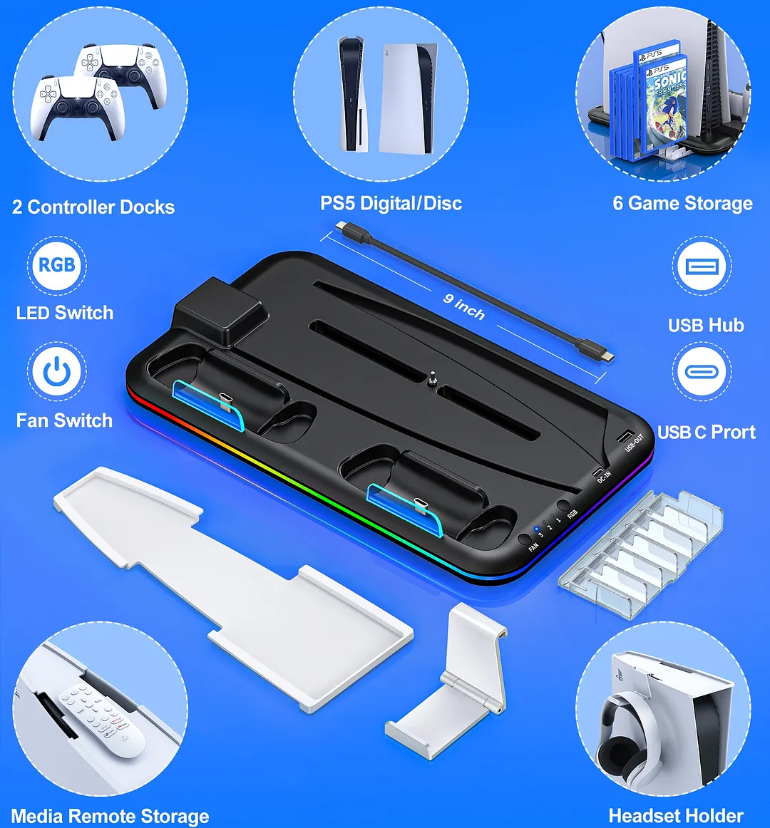 DinoFire PS5 Cooling Station with Dual Controller Charger Station, PS5 Vertical Stand with Cooling Fan for Playstation 5 Stand(White)