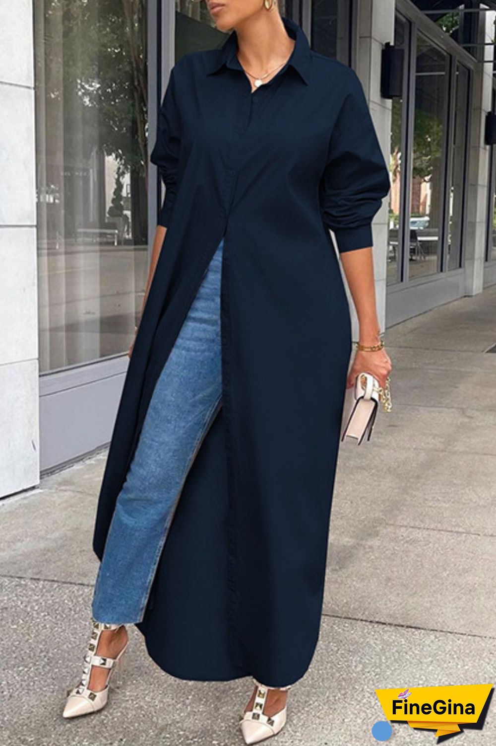Grey Casual Solid Patchwork Shirt Collar Shirt Dress Dresses
