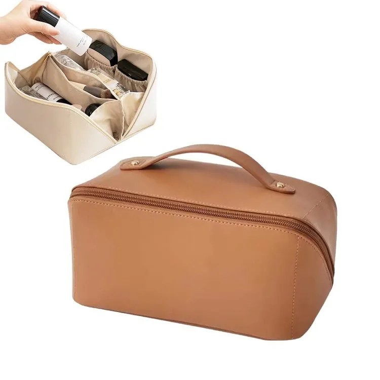 Booxom Leather Cosmetic Bag with Handle and Divider （Buy 2 Free Shipping）