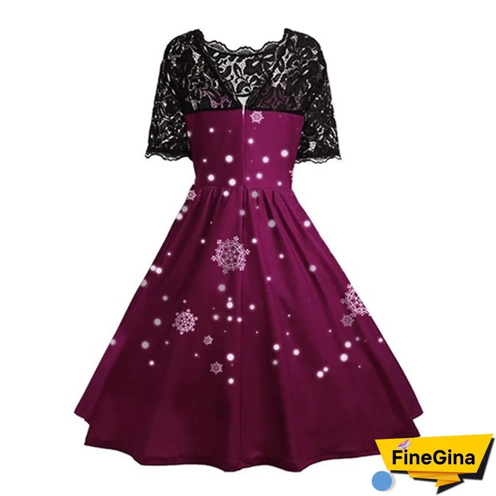 Plus Size Fashion Women Pumpkin Snowflake Print Dress Short Sleeve Lace Dress Christmas Halloween Costume Knee Length Party Dresses