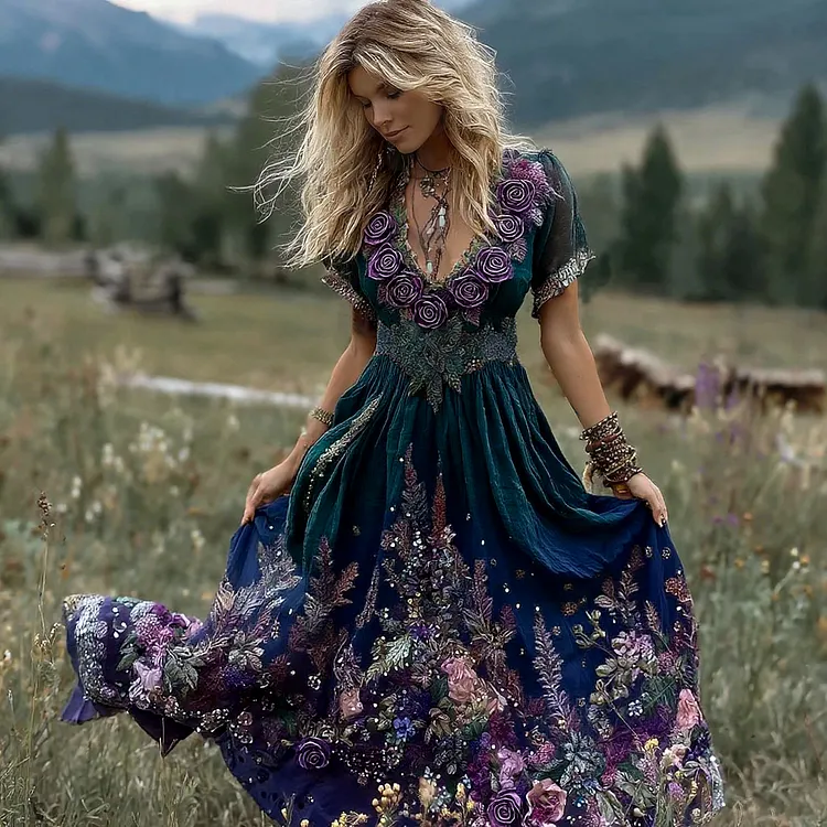Vintage Gradient Rose Embroidered Linen Maxi Dress