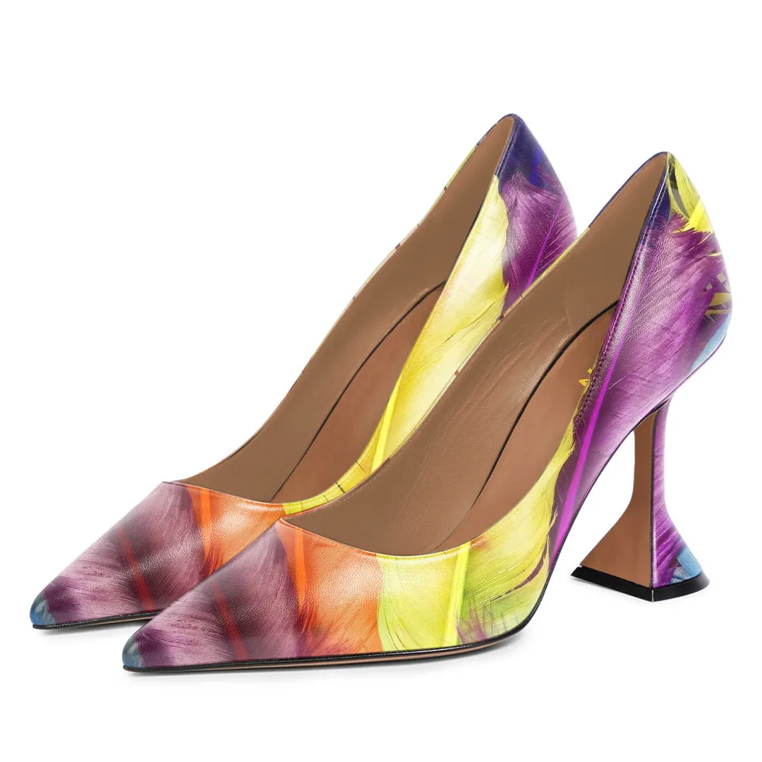 Eye-Catching Colorful Feather Vegan Leather Pumps for Elegant Ladies