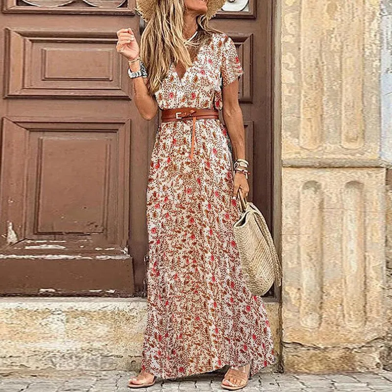 Autumn Dress 2021 Women New Fashionable Bohemian V-neck Floral Print Long Dress Female Short Sleeve Sexy High Split Maxi Dresses