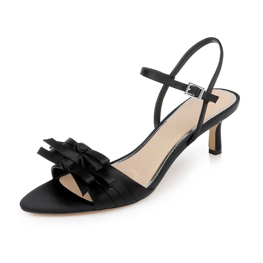 Black Open Round Toe Multi Bow Ankle Strap Kitten Heel Dress Sandals Nicepairs