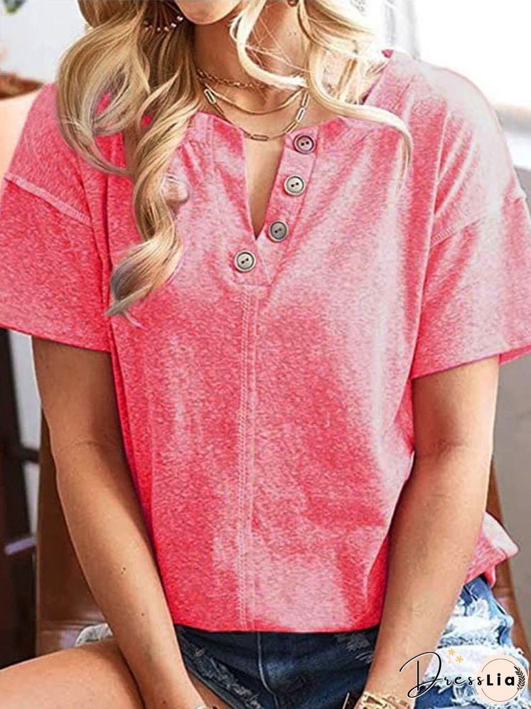 Women's T-Shirts Loose Solid Button Short Sleeve T-Shirt