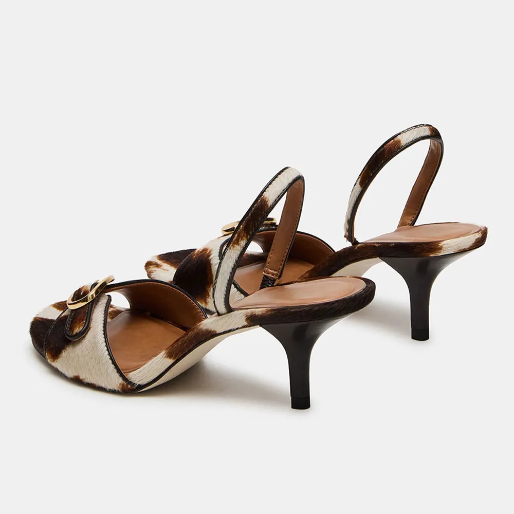 Brown & White Cow Print Slingback Stiletto Heeled Sandals with Buckle
