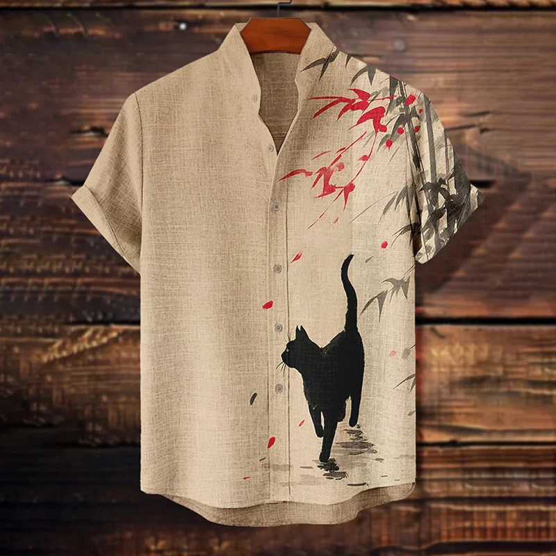 Men's Black Cat Walking In Bamboo Forest Ink Painting Print Casual Shirt  artssus