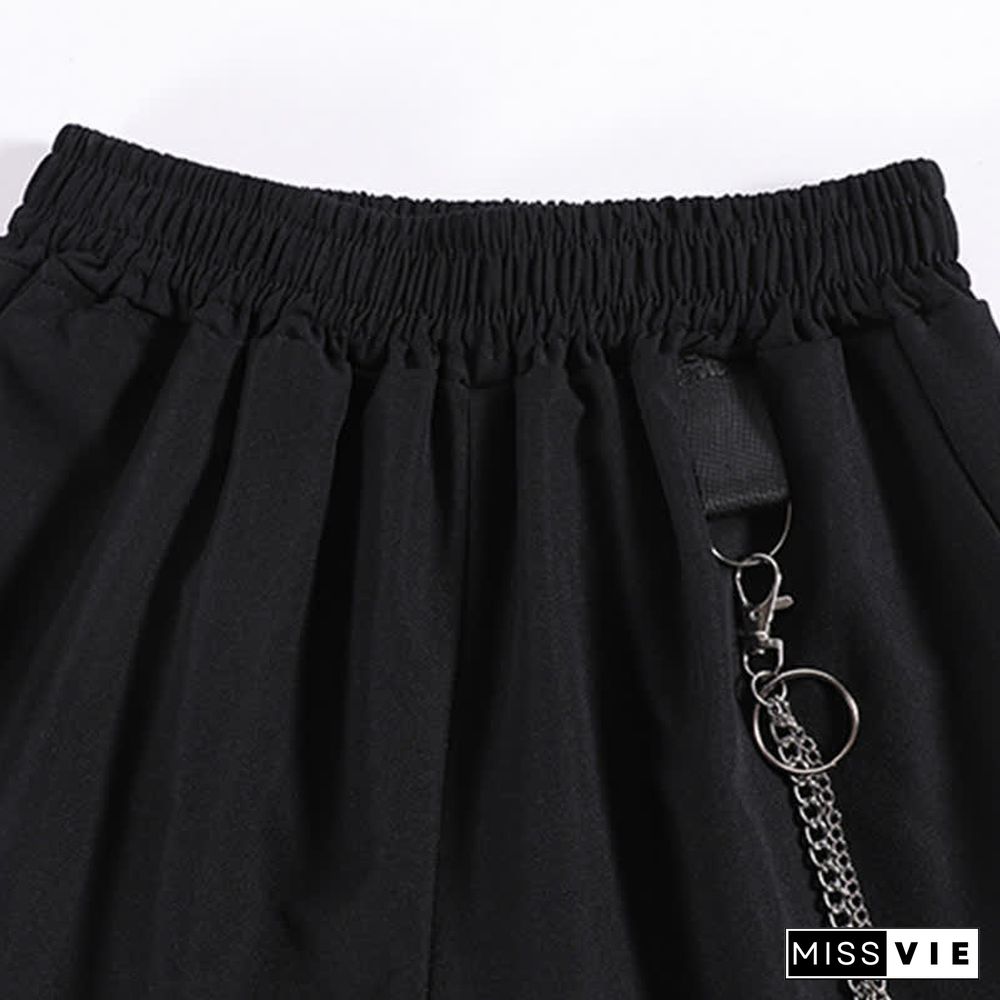 Chic Pocket Lapel Tie T-Shirt Casual Chain Cargo Shorts Pants