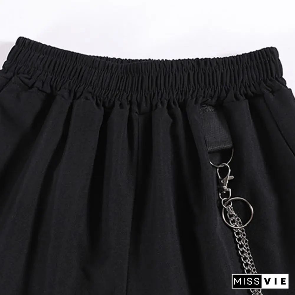 Chic Pocket Lapel Tie T-Shirt Casual Chain Cargo Shorts Pants