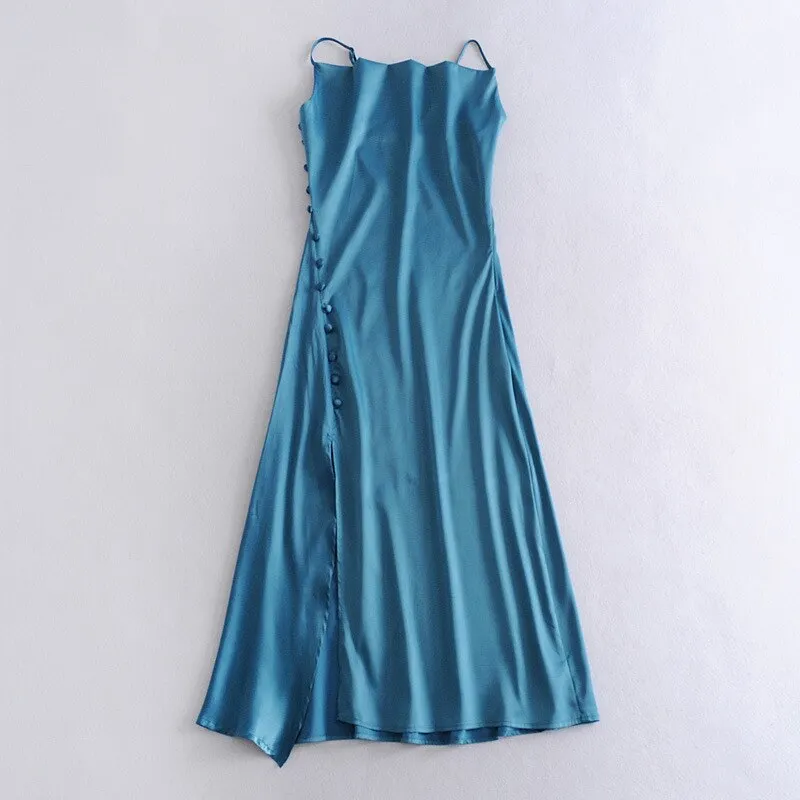 Ordifree 2022 Summer Vintage Women Satin Slip Dress with Slit Black Spaghetti Strap Silk Sexy Long Party Dress