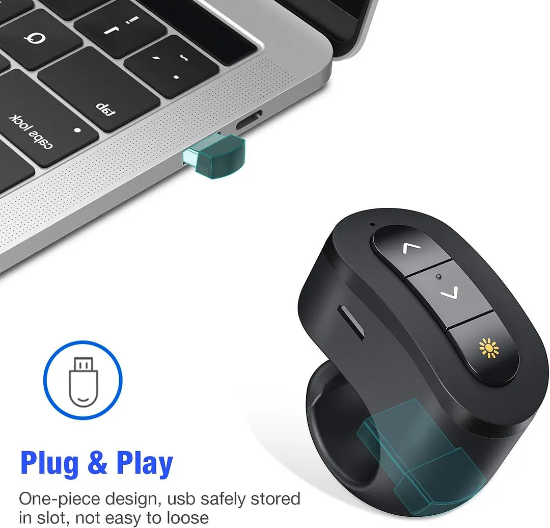 Rechargeable Finger Ring Wireless Presenter Clicker for PowerPoint, Keynote, Mac, Laptop - USB Presentation Remote with 2.4GHz RF